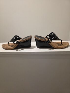 Coach Black Patent Wedge Sandals with Cork Footbed